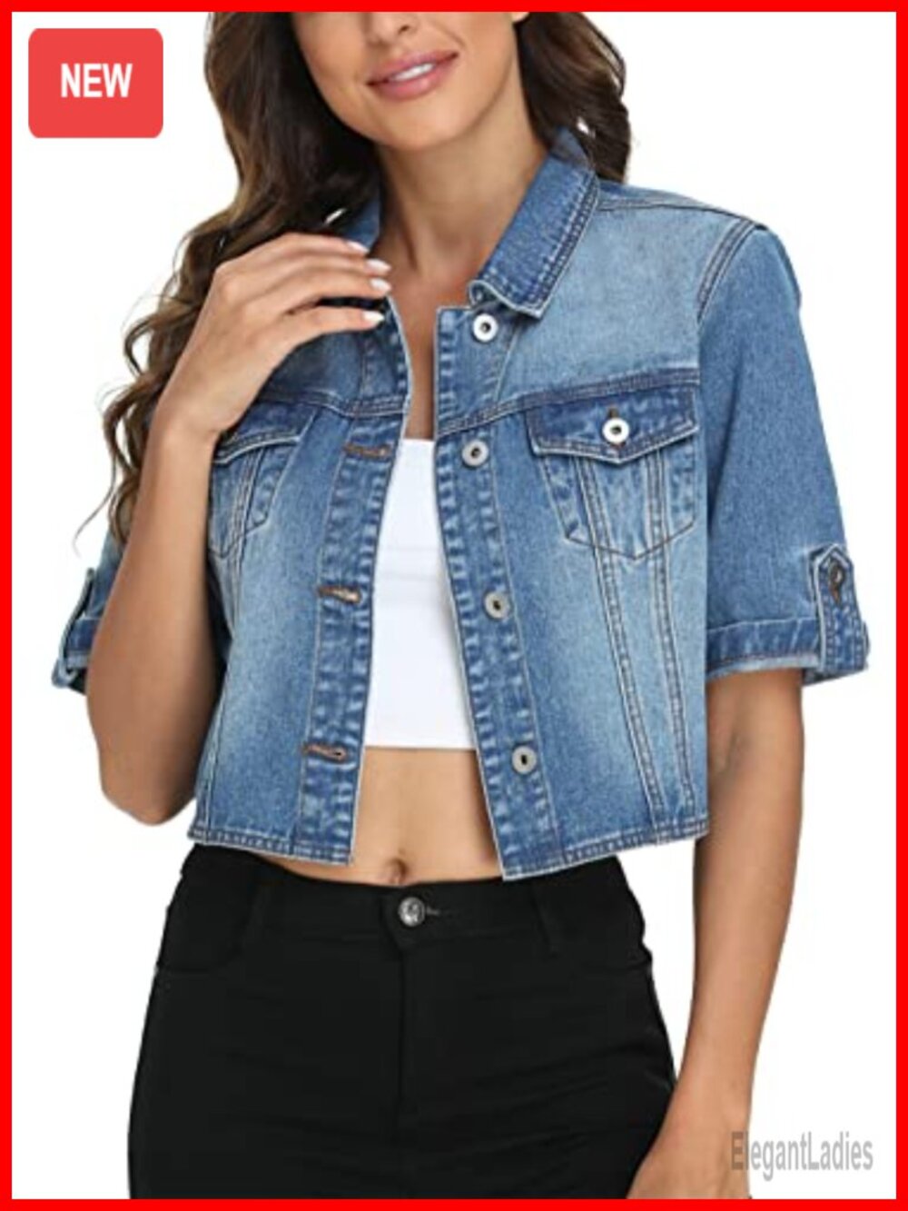 Cropped Denim Jacket Short Sleeve Button Up Stretch Cotton Blend